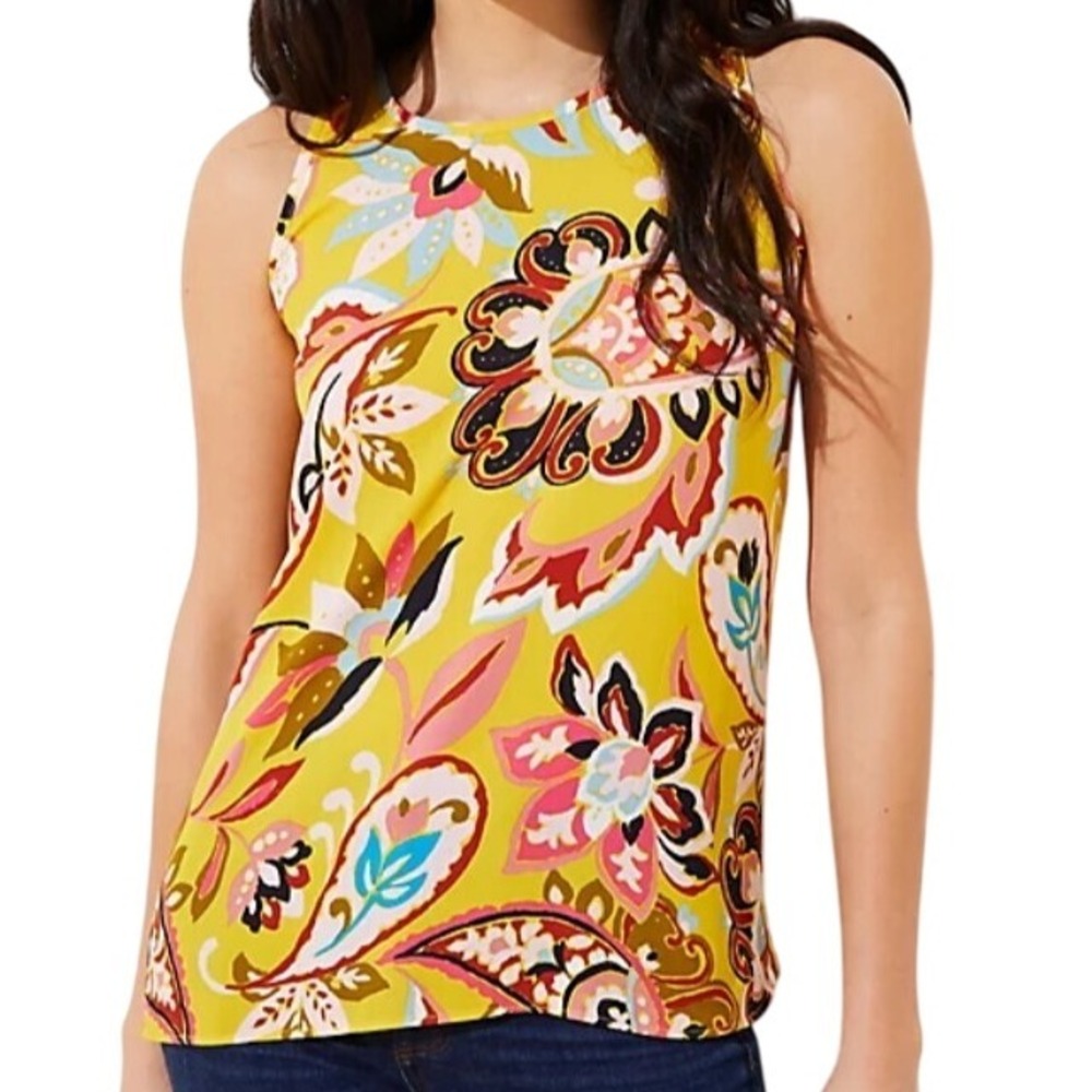 LOFT Blouse Woman's L Yellow Paisley‎ Floral Mixed Media Shell Sleeveless